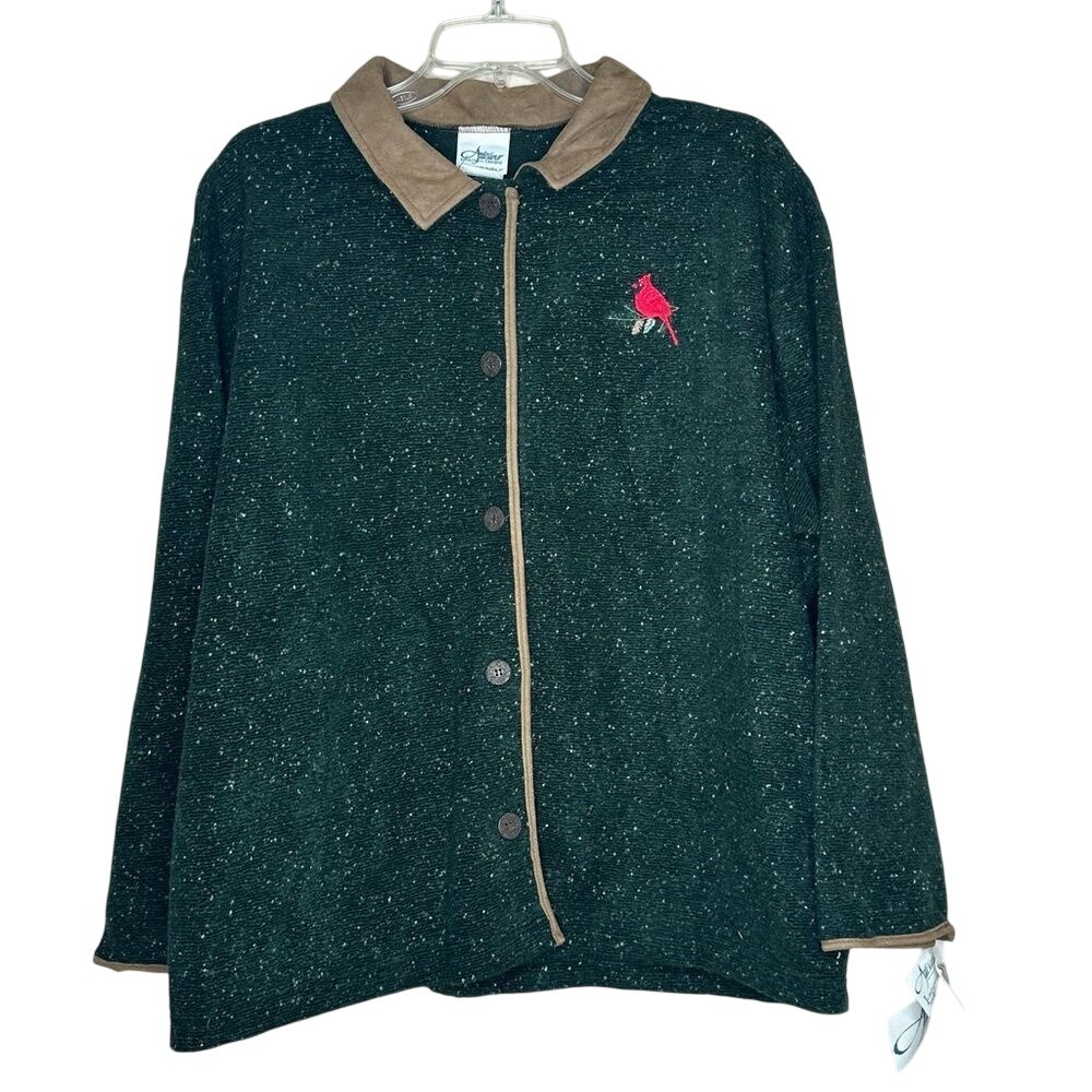 Artisans Sunschein‎ Designs Green Marled Cardinal Embroidered Jacket XL VTG NWT